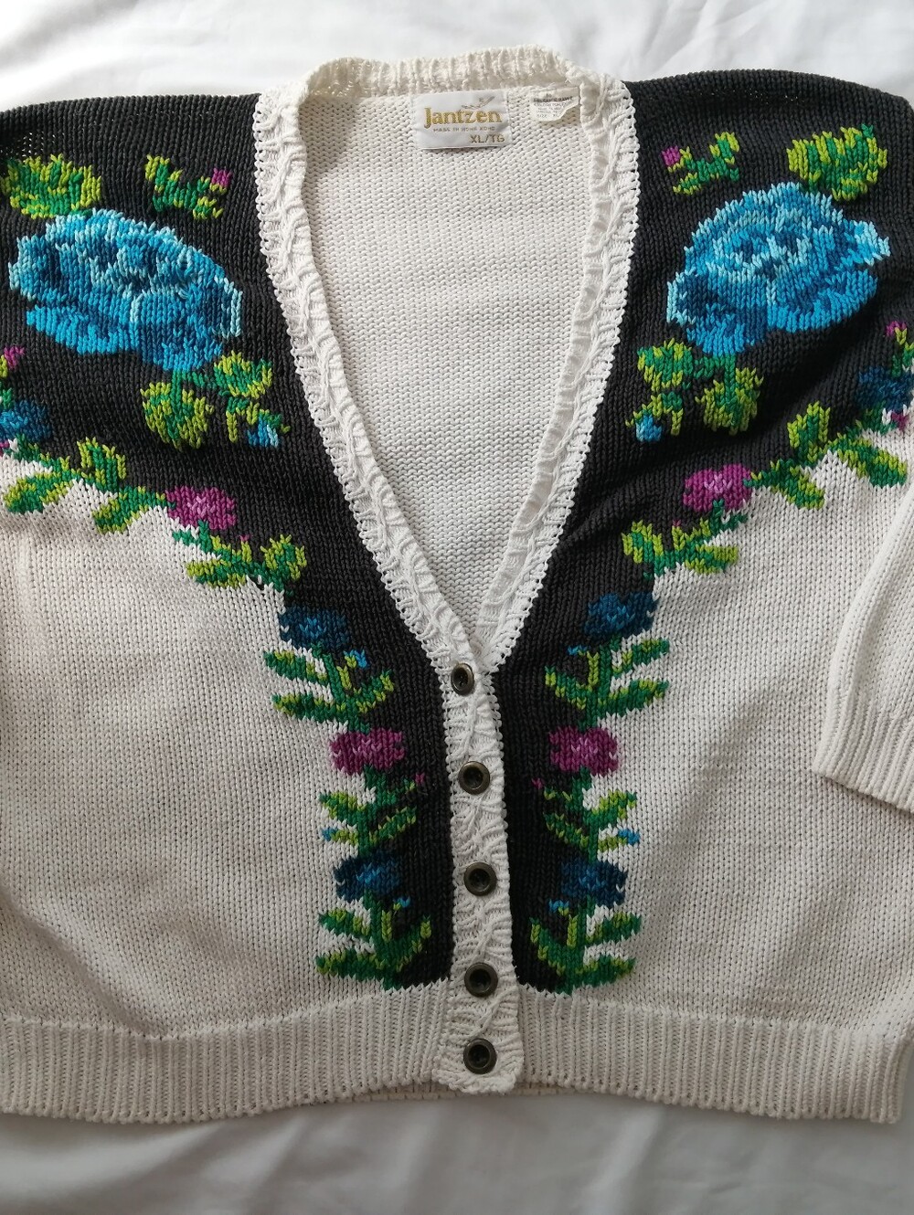 Vintage 90s Jantzen Rose Floral Knit Button Cardigan Cream Colourblock XL - Picture 17 of 17